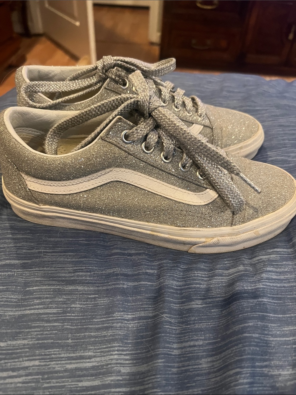 Vans Silver Glitter Old Skool Sneakers with White Stripe